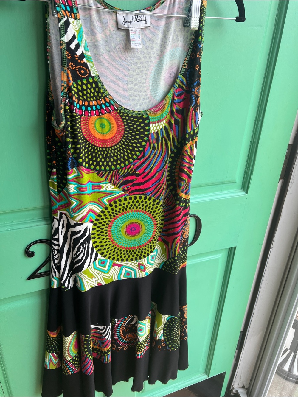 Joseph Ribkoff Black Multicolor Scoop Neck Patterned Mini Dress 👗 size 8